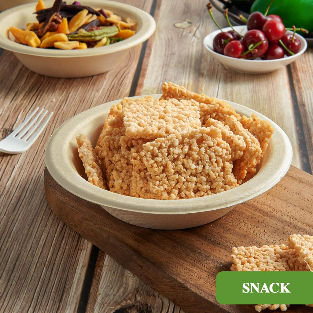 Vplus 500 Pack 12 OZ Paper Bowls Bulk  Disposable Compostable  Eco-friendly Bagasse  Heavy-duty Bowls Perfect for Milk Cereals  Snacks  Salads Nature