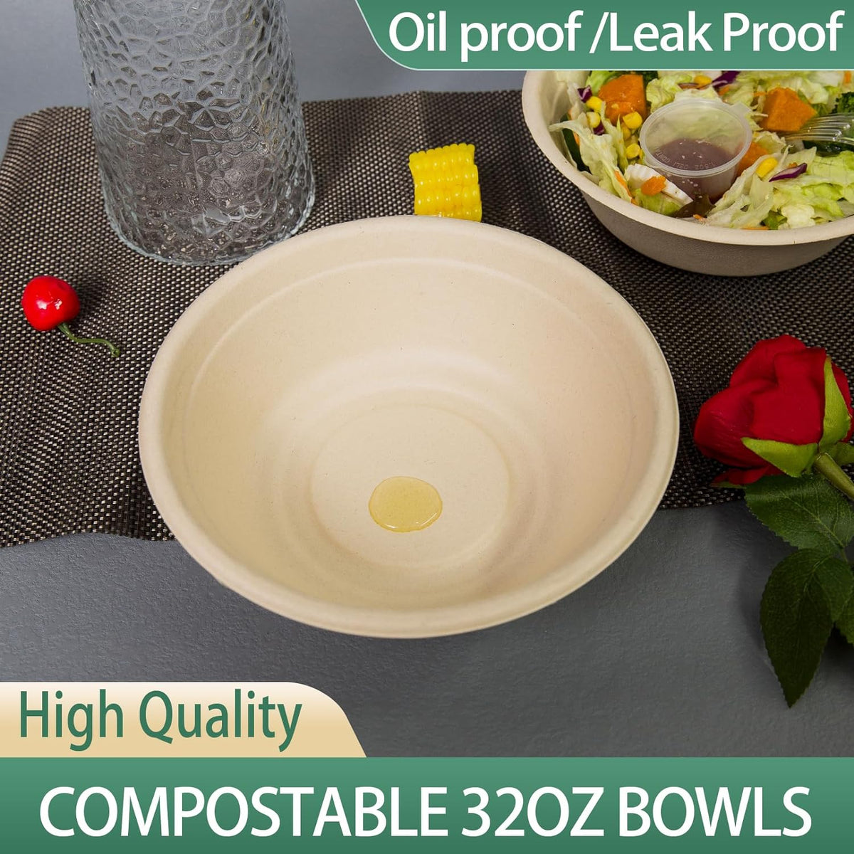 32oz Disposable Salad Bowls 150Pack  Big Paper Bowls  Large  Heavy-Duty  Eco-Friendly  Bulk Pack  Compostable Bowls  Biodegradable Made of Sugar Cane Fibers Perfect For Salad
